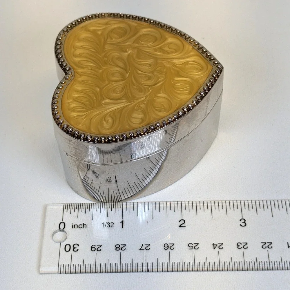 Heart Shaped Enamel Swirl Design Trinket Box Silver Toned with Navy Blue Liner